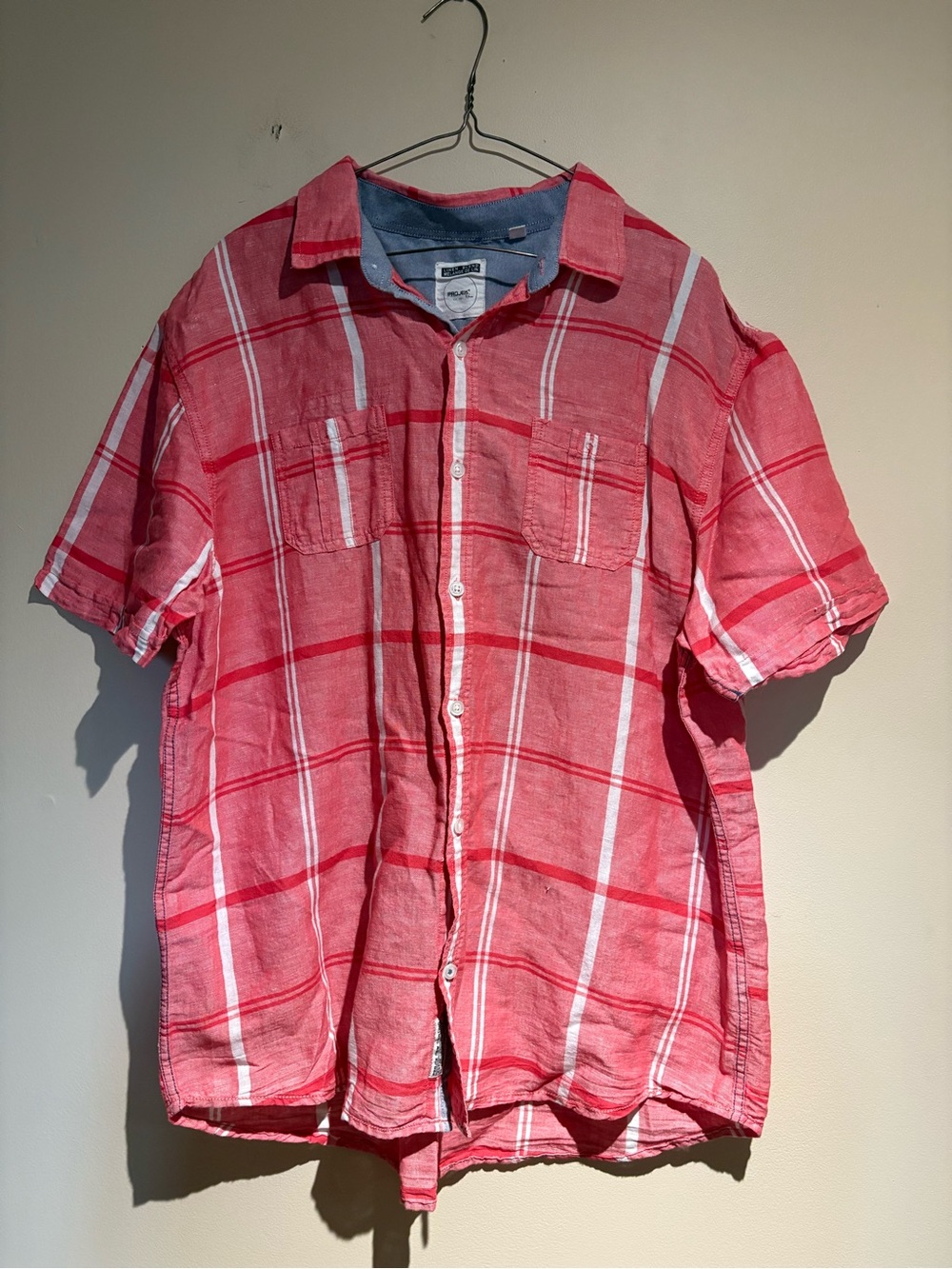Linen Blend Projek Raw Short-Sleeve Red & White Plaid Button Down Shirt Size XL
